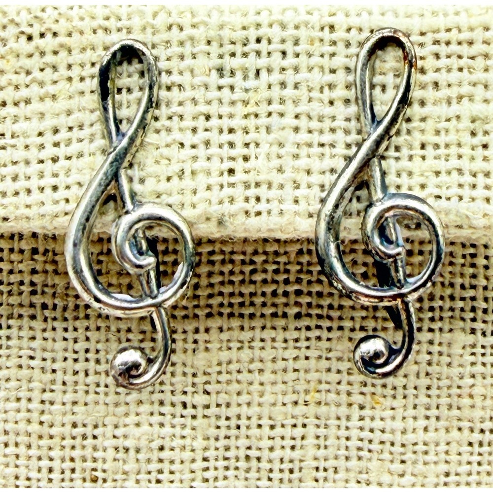 Vintage Beau Sterling Silver Treble Clef Screw Back Earrings Music Lovers 1"